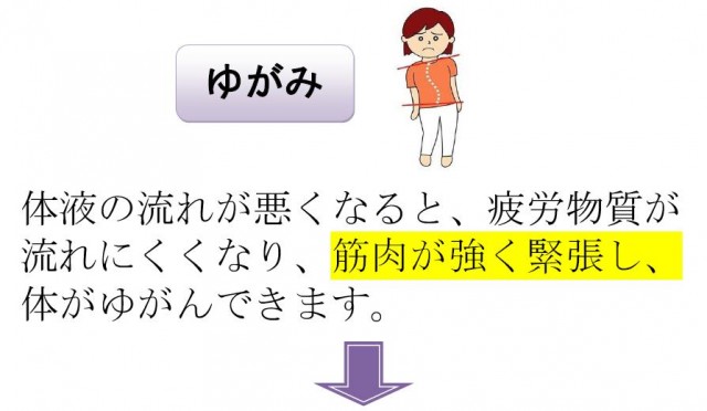 ＜ゆがみ＞体液の流れが悪くなると、疲労物質が流れにくくなり、筋肉が強く緊張し、体がゆがんできます。